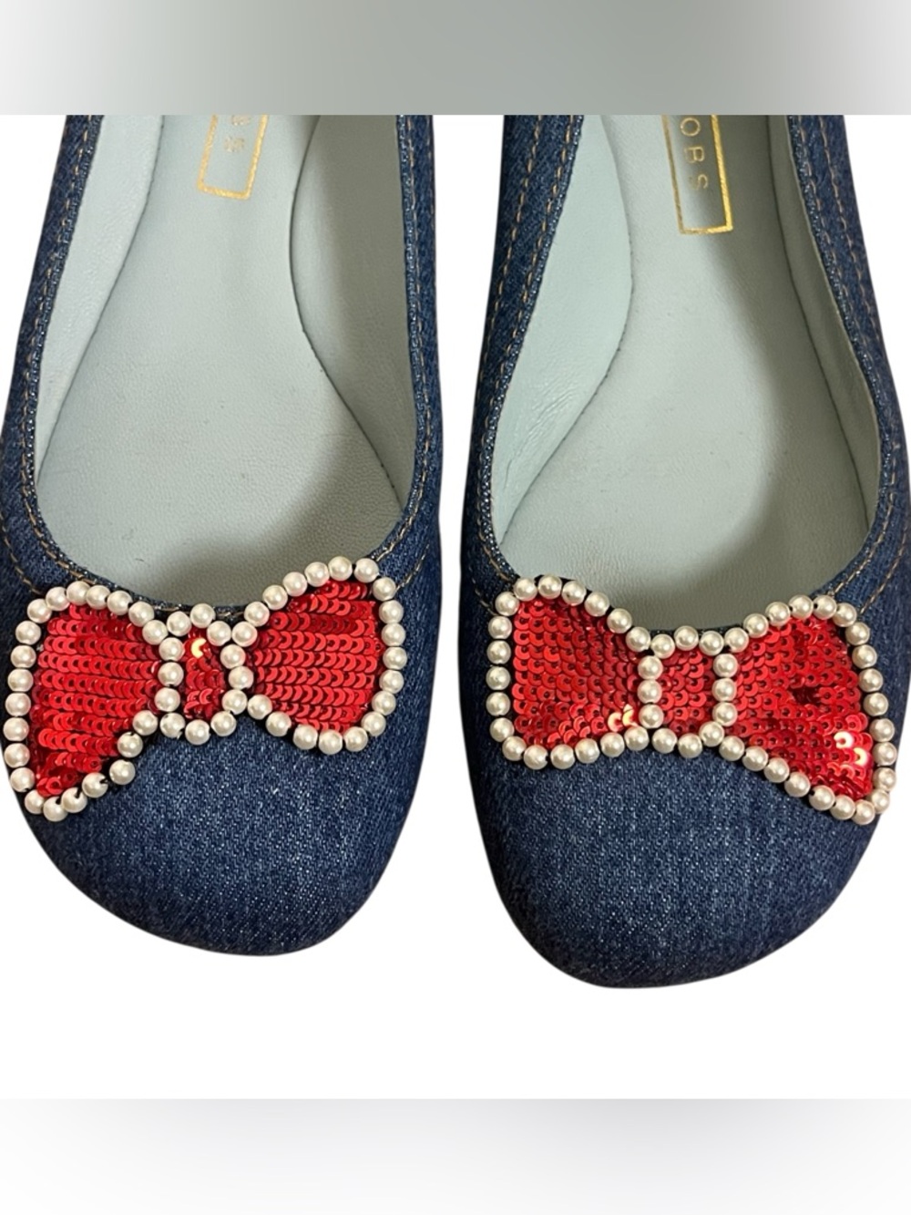 Marc Jacobs Denim Ballet Flats Red Sequin Bow Pearl Y2K Coquette Size 37.5 - Picture 9 of 13